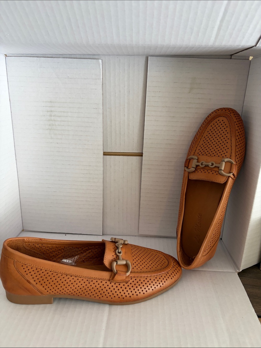Womens Perforated Genuine Leather Loafers in Tan